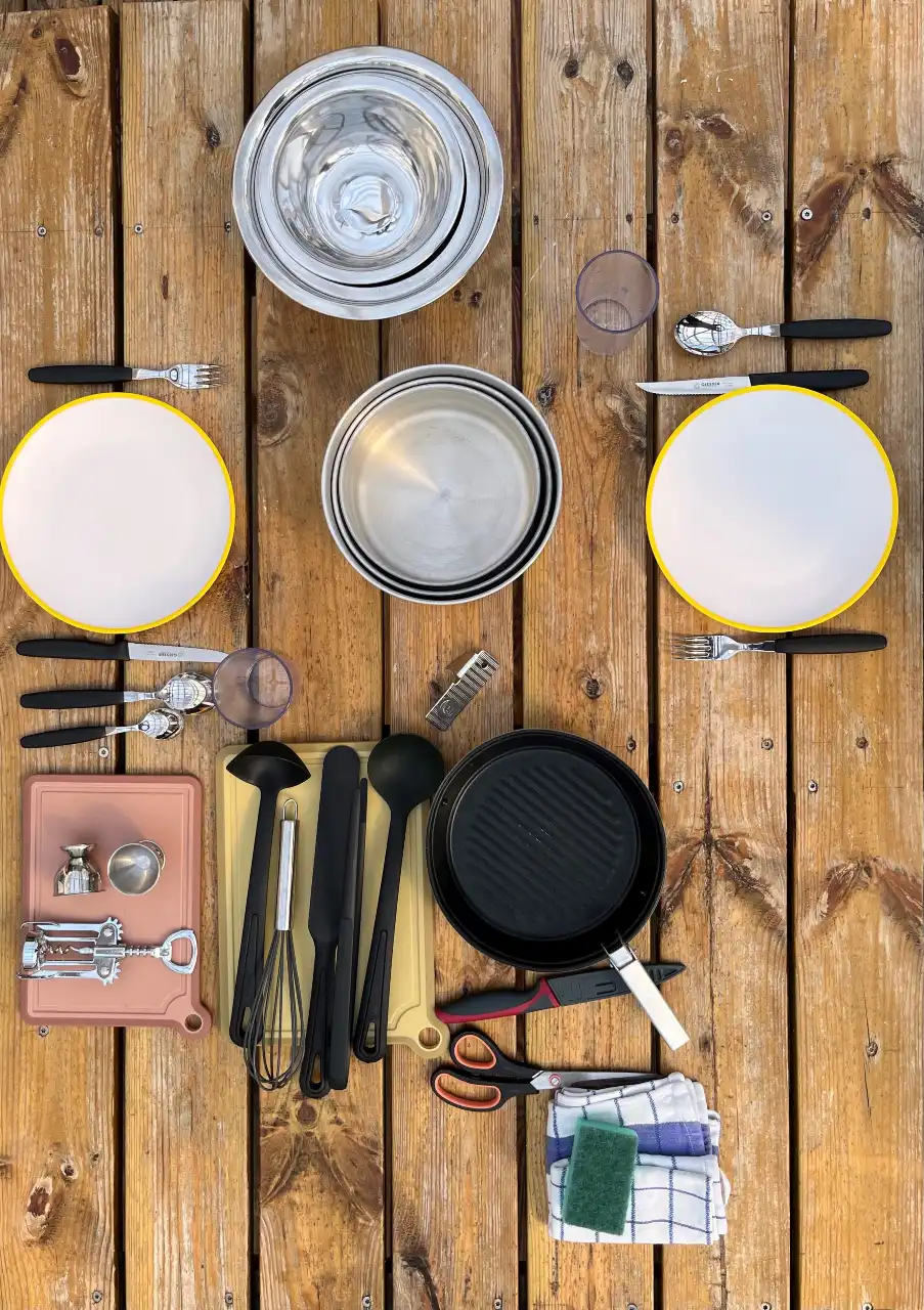 Cutlery and camping equipment set in a camper van rental, Faroe Islands