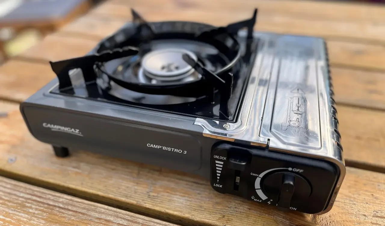 Gas stove and camping equipment inside a camper van rental, Faroe Islands