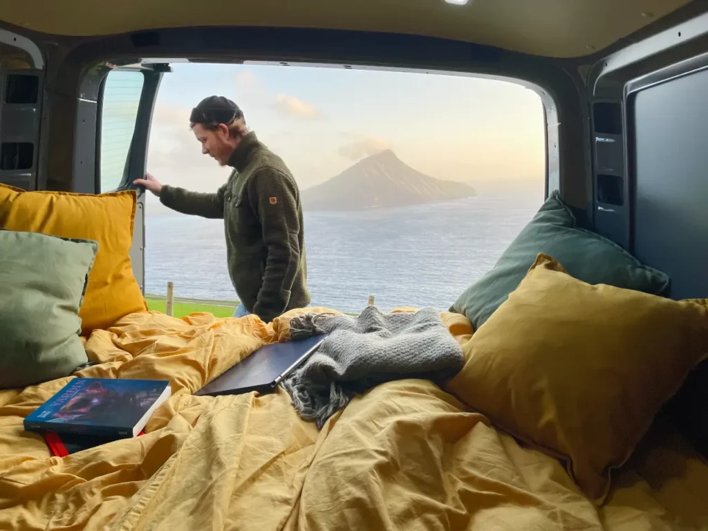Camper van deployed at Bartal Kamban viewpoint, Faroe Islands