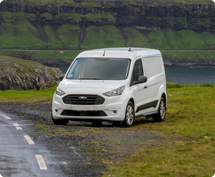 Ford Transit Connect campervan driving in the Faroe Islands – Compact rental option for 2–3 people